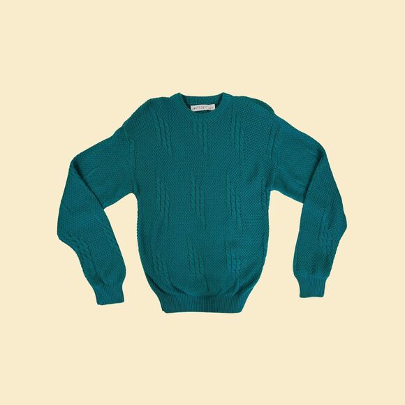 1980s Jantzen sweater, size L teal blue knit vintage 70s sweater w/ crew neck - Picture 1 of 8